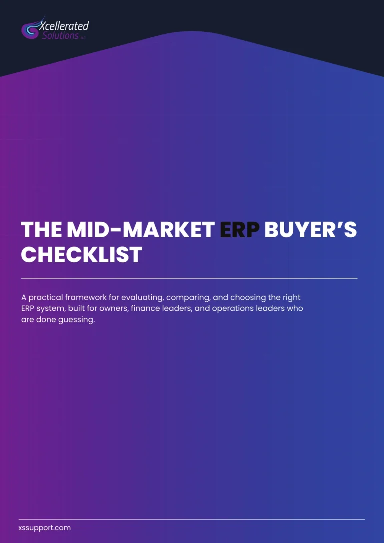 Cover of The Mid-Market ERP Buyer's Checklist, a free 25-page ERP selection guide from Xcellerated Solutions